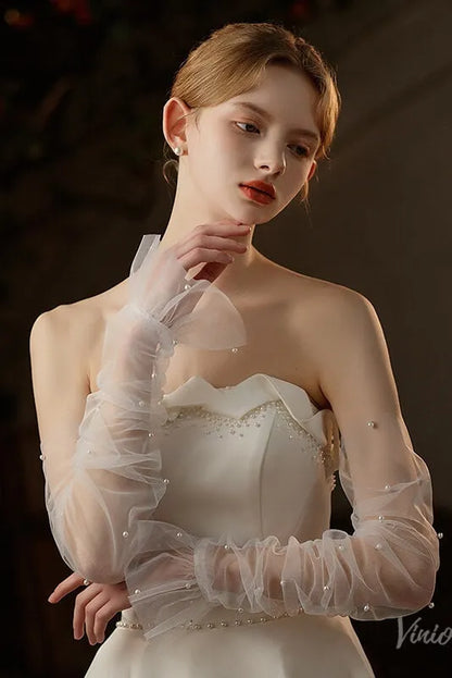 Fingerless Sheer Tulle Bridal Gloves with Pearls – Flare Sleeve Wedding Gloves for Women WG069-Bridal Gloves 2026-Viniodress-Ivory-