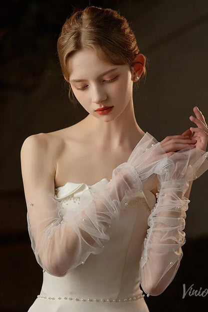 Fingerless Sheer Tulle Bridal Gloves with Pearls – Flare Sleeve Wedding Gloves for Women WG069-Bridal Gloves 2026-Viniodress-Ivory-
