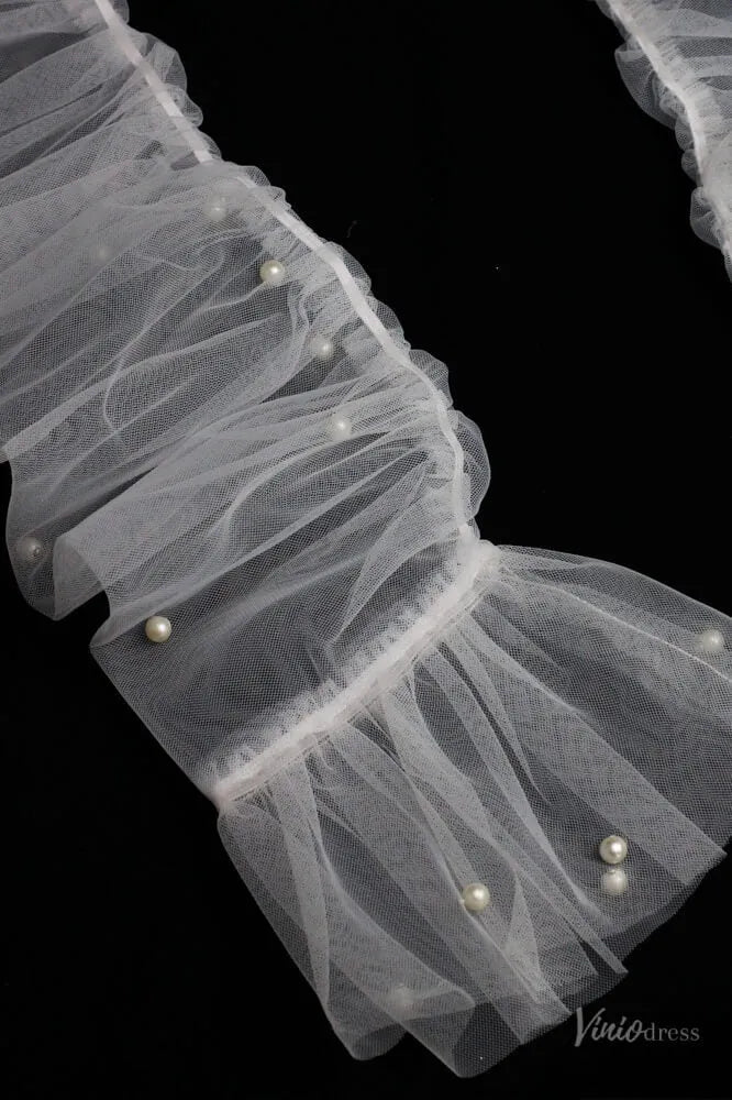 Fingerless Sheer Tulle Bridal Gloves with Pearls – Flare Sleeve Wedding Gloves for Women WG069-Bridal Gloves 2026-Viniodress-Ivory-