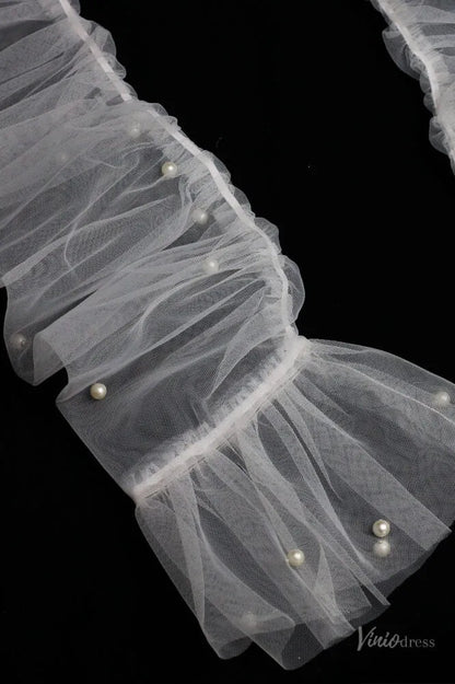 Fingerless Sheer Tulle Bridal Gloves with Pearls – Flare Sleeve Wedding Gloves for Women WG069-Bridal Gloves 2026-Viniodress-Ivory-