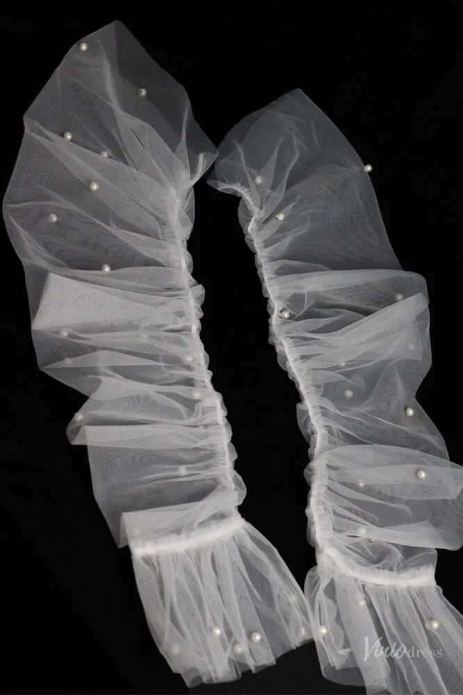 Fingerless Sheer Tulle Bridal Gloves with Pearls – Flare Sleeve Wedding Gloves for Women WG069-Bridal Gloves 2026-Viniodress-Ivory-