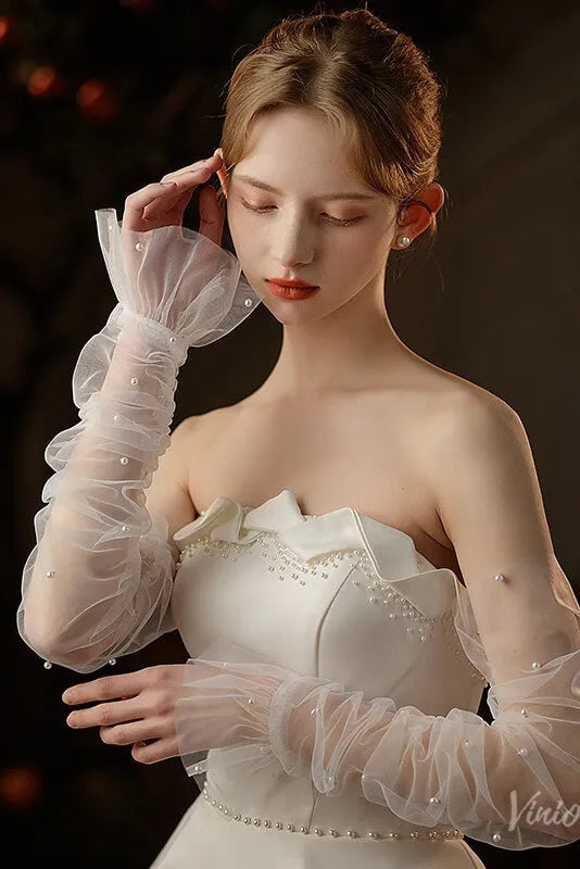 Fingerless Sheer Tulle Bridal Gloves with Pearls – Flare Sleeve Wedding Gloves for Women WG069-Bridal Gloves 2026-Viniodress-Ivory-