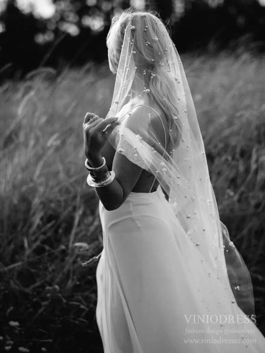 Fingertip Length Blusher Veils With Pearls Ivory Drop Veil AC1007-Bridal Veil 2025 -Viniodress-Ivory-