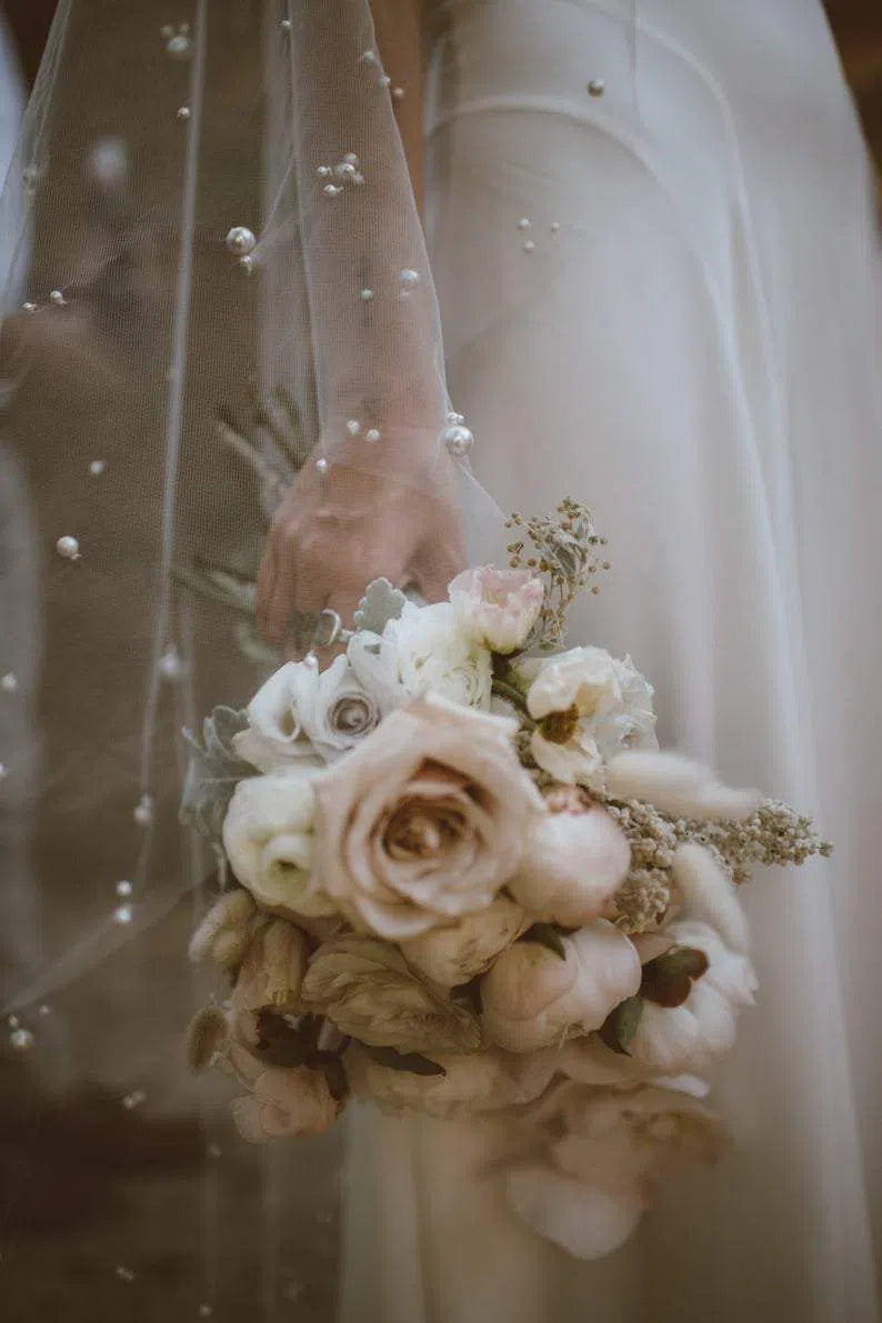 Fingertip Length Blusher Veils With Pearls Ivory Drop Veil AC1007-Bridal Veil 2025 -Viniodress-Ivory-