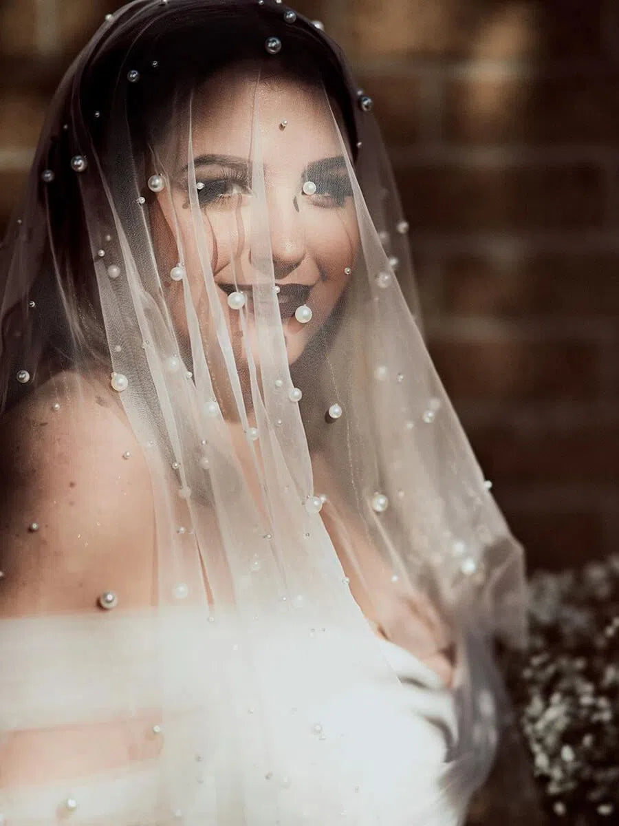 Fingertip Length Blusher Veils With Pearls Ivory Drop Veil AC1007-Bridal Veil 2025 -Viniodress-Ivory-