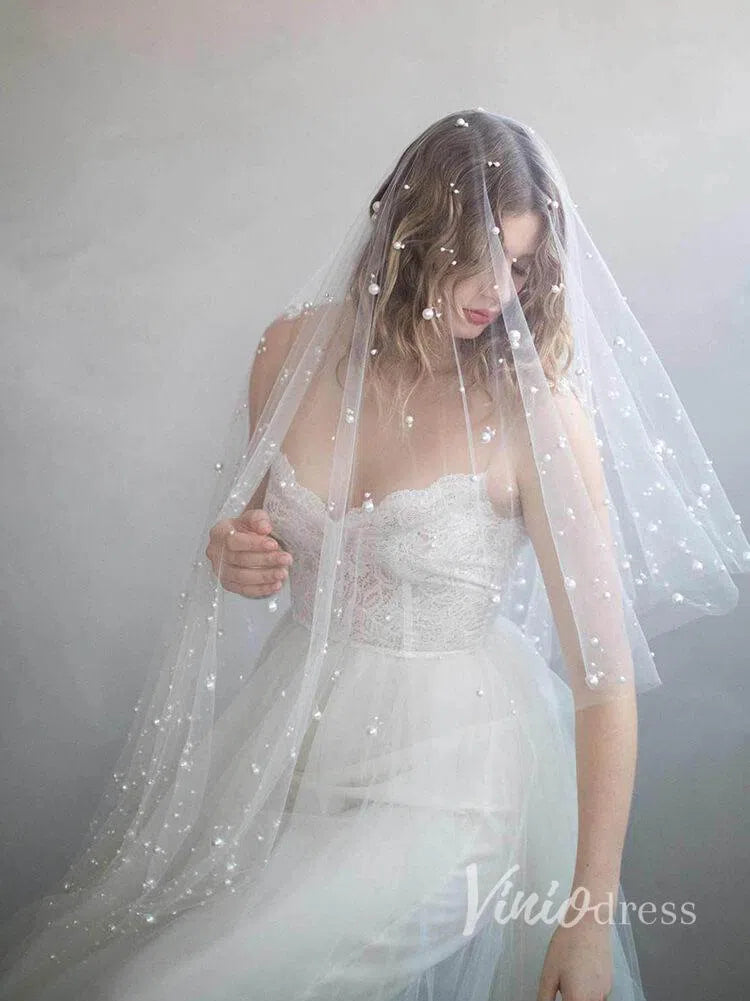 Fingertip Length Blusher Veils With Pearls Ivory Drop Veil AC1007-Bridal Veil 2025 -Viniodress-Ivory-