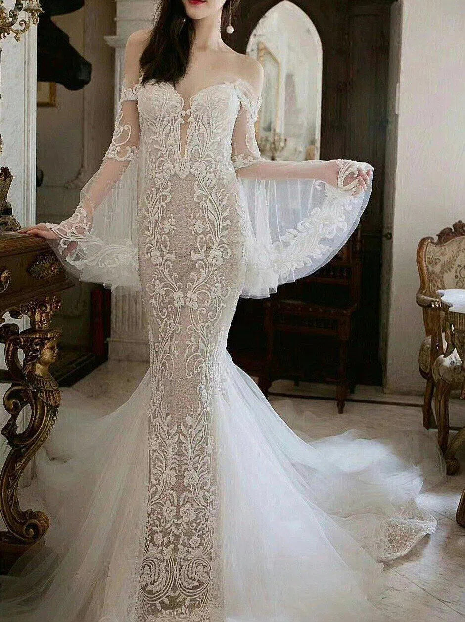 Flare Sleeve Boho Mermaid Wedding Dresses Lace High Neck VW1195-wedding dresses-Viniodress-Ivory-Custom Size-Off Shoulder-Viniodress