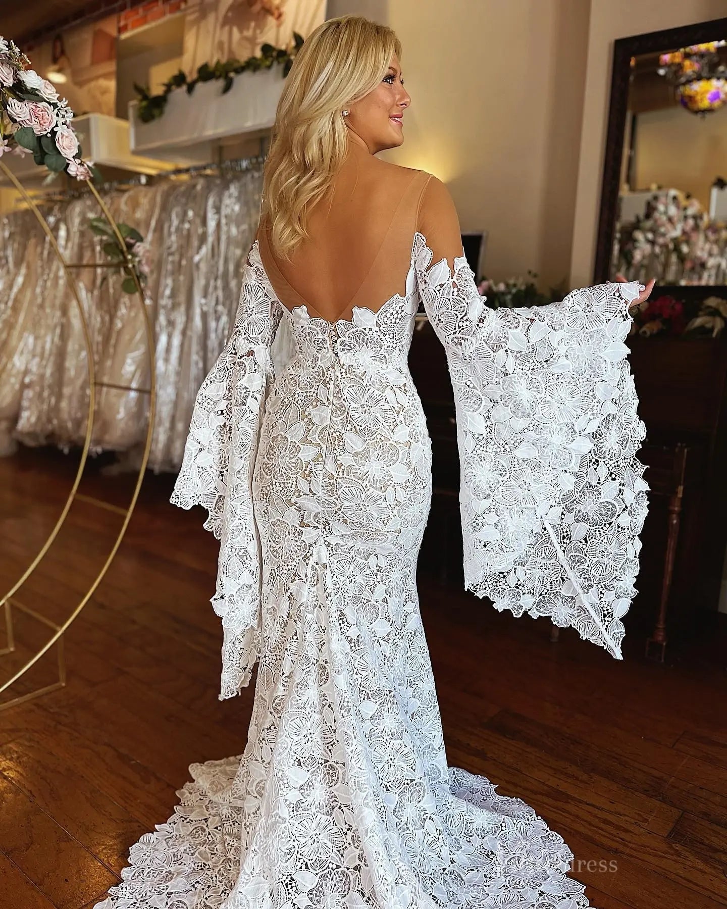Flare Sleeve Lace Boho Wedding Dress | Illusion Neck Bohemian Mermaid Gown with Train BH107-wedding dresses 2025 -Viniodress-Ivory-Custom Size-