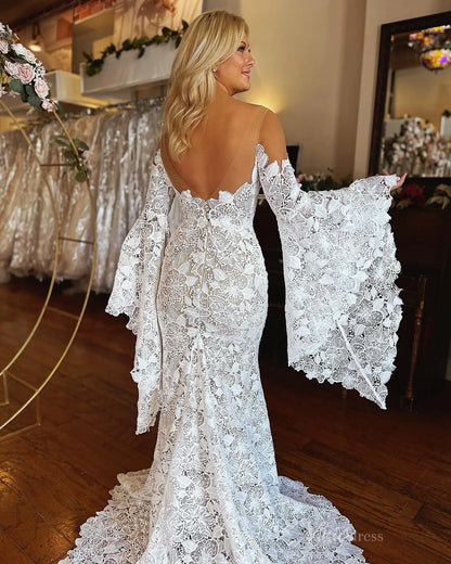 Flare Sleeve Lace Boho Wedding Dress | Illusion Neck Bohemian Mermaid Gown with Train BH107-wedding dresses 2025 -Viniodress-Ivory-Custom Size-