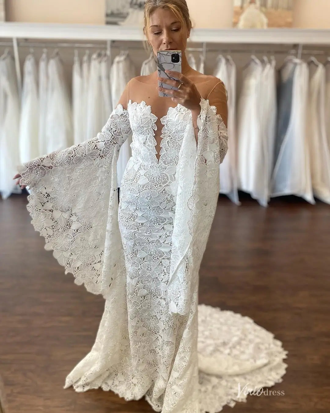 Flare Sleeve Lace Boho Wedding Dress | Illusion Neck Bohemian Mermaid Gown with Train BH107-wedding dresses 2025 -Viniodress-Ivory-Custom Size-
