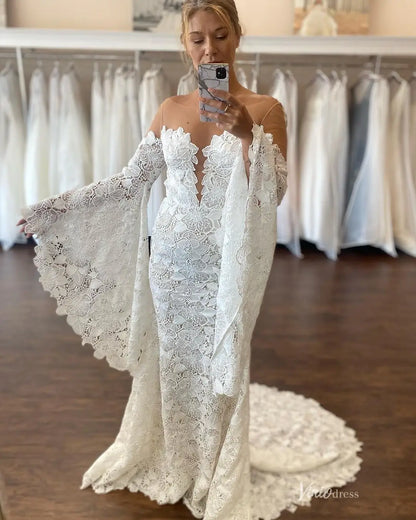 Flare Sleeve Lace Boho Wedding Dress | Illusion Neck Bohemian Mermaid Gown with Train BH107-wedding dresses 2025 -Viniodress-Ivory-Custom Size-