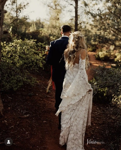 Flare Sleeve Lace Boho Wedding Dress | Illusion Neck Bohemian Mermaid Gown with Train BH107-wedding dresses 2025 -Viniodress-Ivory-Custom Size-