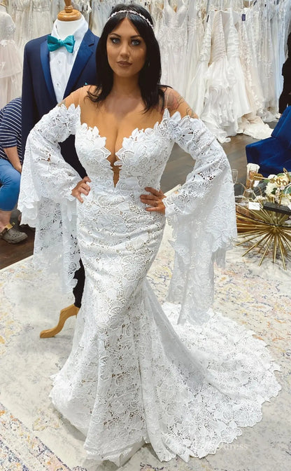 Flare Sleeve Lace Boho Wedding Dress | Illusion Neck Bohemian Mermaid Gown with Train BH107-wedding dresses 2025 -Viniodress-Ivory-Custom Size-