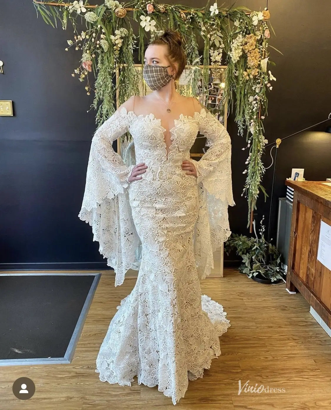 Flare Sleeve Lace Boho Wedding Dress | Illusion Neck Bohemian Mermaid Gown with Train BH107-wedding dresses 2025 -Viniodress-Ivory-Custom Size-