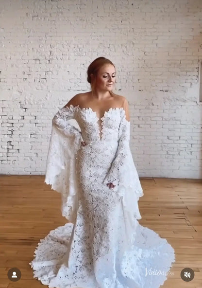 Flare Sleeve Lace Boho Wedding Dress | Illusion Neck Bohemian Mermaid Gown with Train BH107-wedding dresses 2025 -Viniodress-Ivory-Custom Size-
