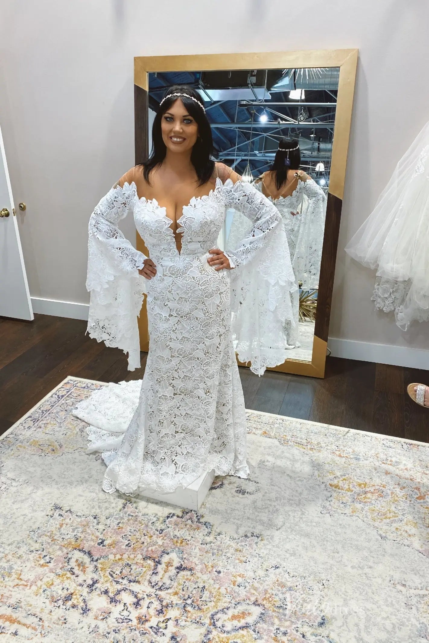 Flare Sleeve Lace Boho Wedding Dress | Illusion Neck Bohemian Mermaid Gown with Train BH107-wedding dresses 2025 -Viniodress-Ivory-Custom Size-