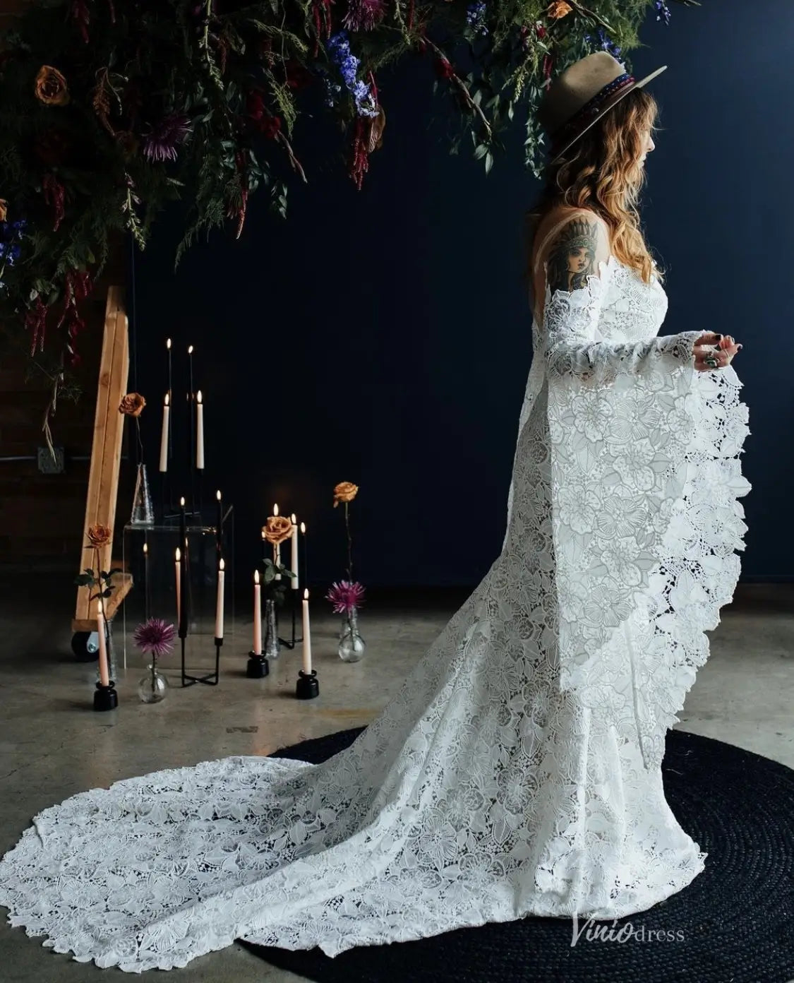 Flare Sleeve Lace Boho Wedding Dress | Illusion Neck Bohemian Mermaid Gown with Train BH107-wedding dresses 2025 -Viniodress-Ivory-Custom Size-