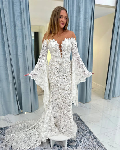 Flare Sleeve Lace Boho Wedding Dress | Illusion Neck Bohemian Mermaid Gown with Train BH107-wedding dresses 2025 -Viniodress-Ivory-Custom Size-