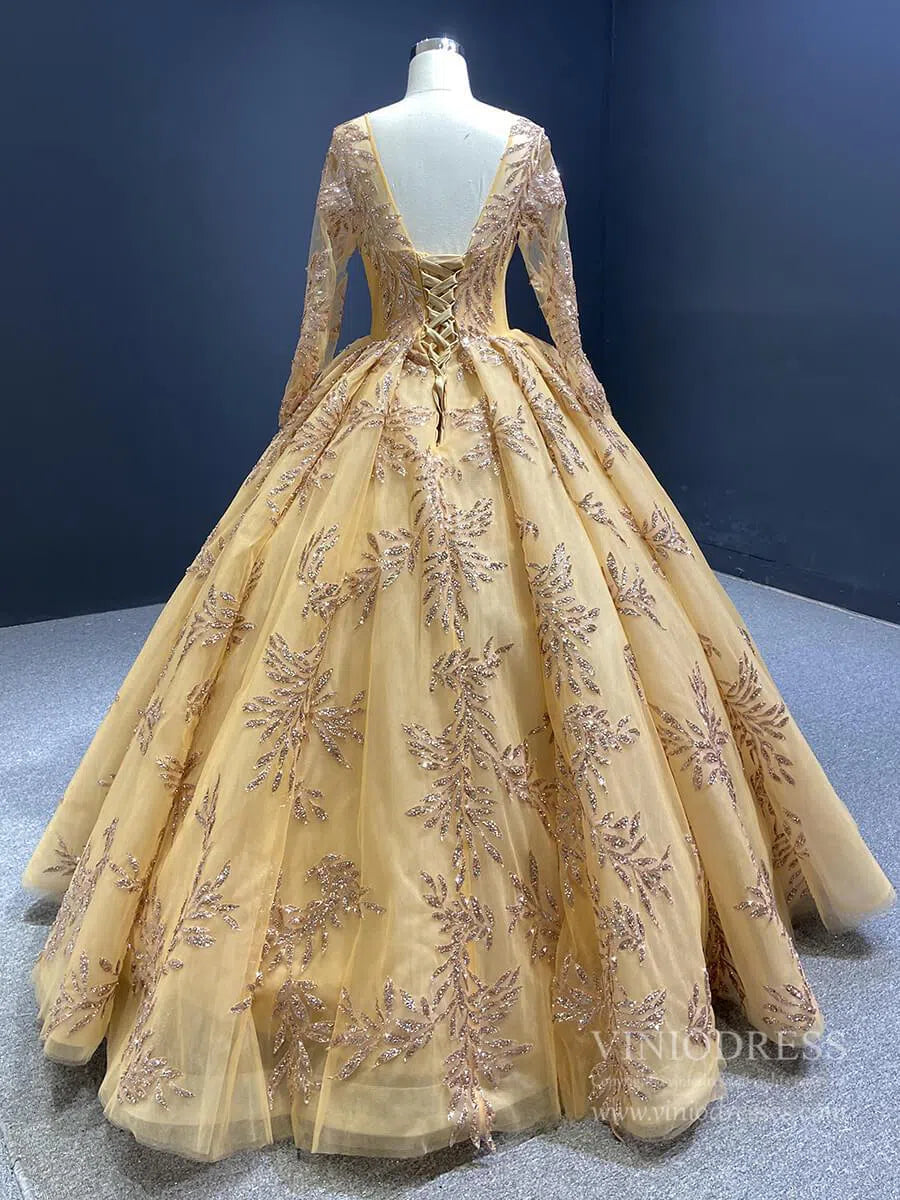 Floor Length Dark Gold Tulle Ball Gown FD1246-prom dresses 2025 -Viniodress-As Picture-Custom Size-