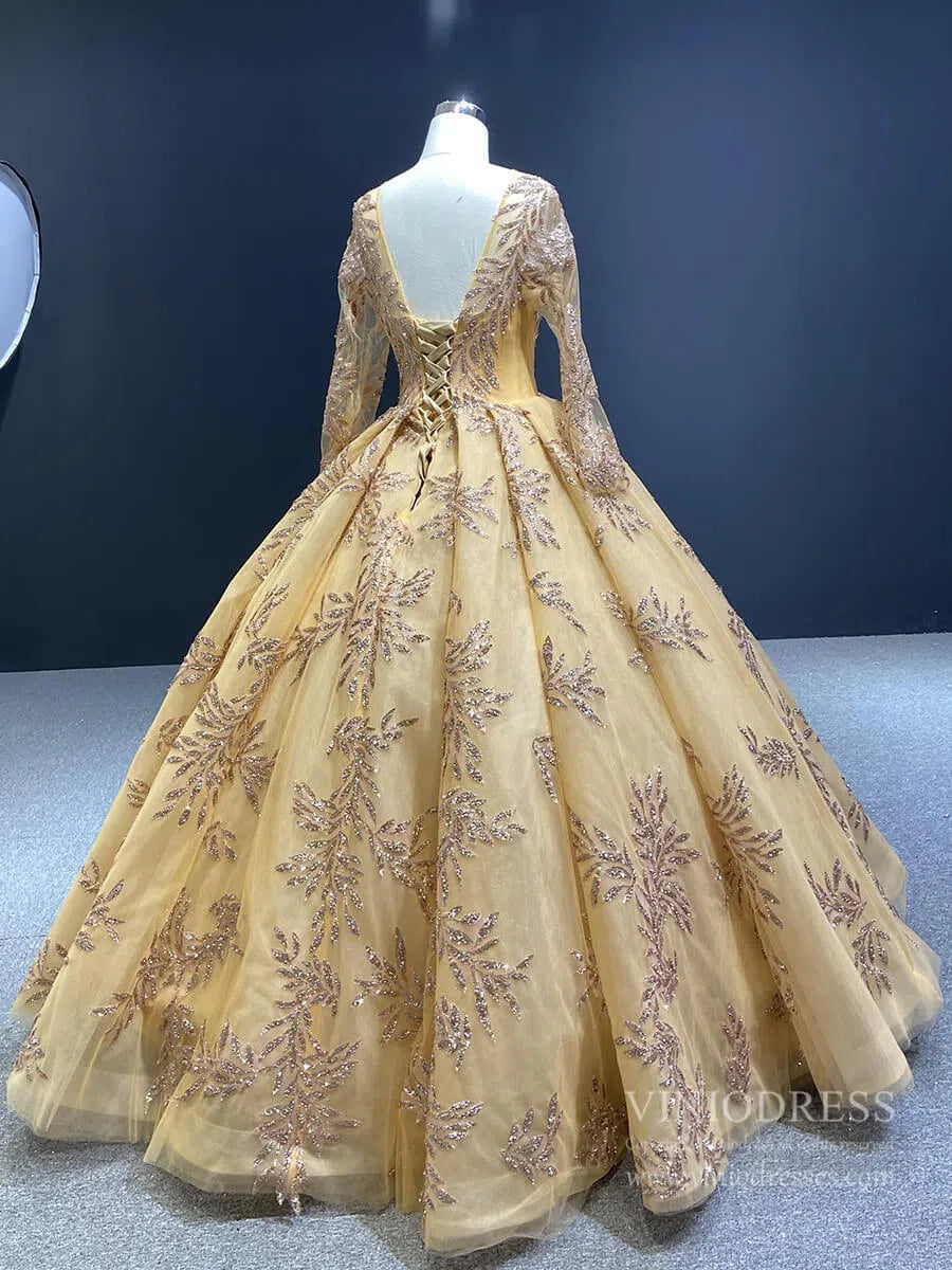 Floor Length Dark Gold Tulle Ball Gown FD1246-prom dresses 2025 -Viniodress-As Picture-Custom Size-