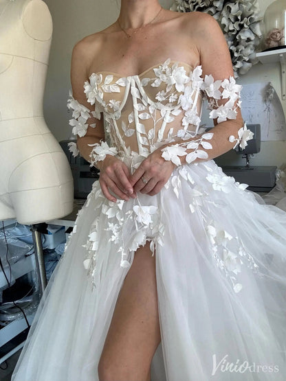 Floral Appliqué Corset Wedding Dress with Off-Shoulder Sleeves & High Slit – VW2522-wedding dresses 2025 -Viniodress-White-Custom Size-