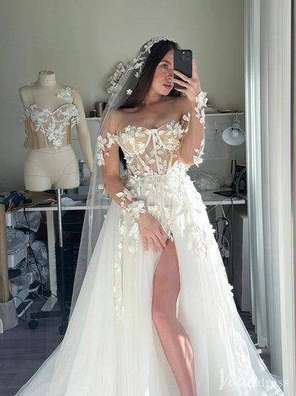Floral Appliqué Corset Wedding Dress with Off-Shoulder Sleeves & High Slit – VW2522-wedding dresses 2025 -Viniodress-White-Custom Size-