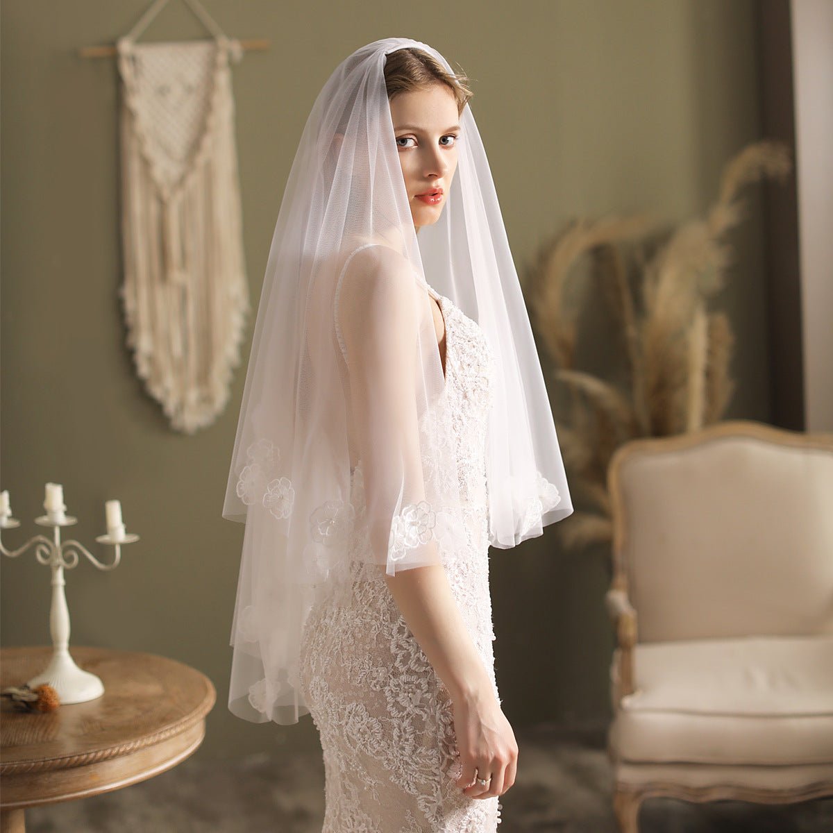 Floral Blusher Veil Hip Length-Accessories 2025 -Viniodress-Ivory-