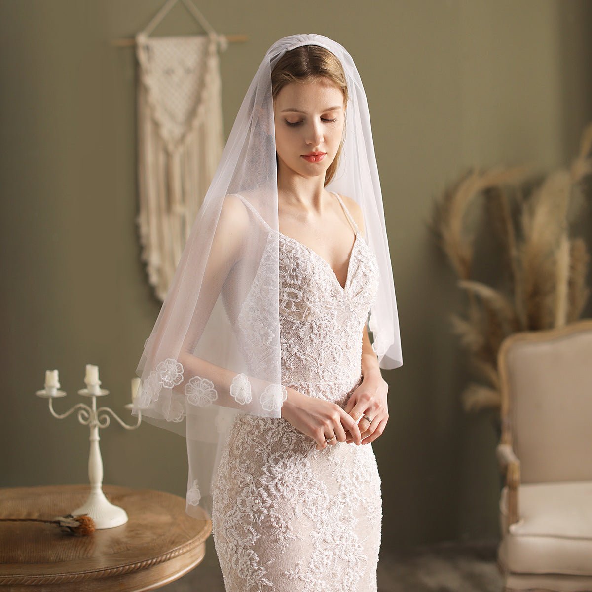 Floral Blusher Veil Hip Length-Accessories 2025 -Viniodress-Ivory-