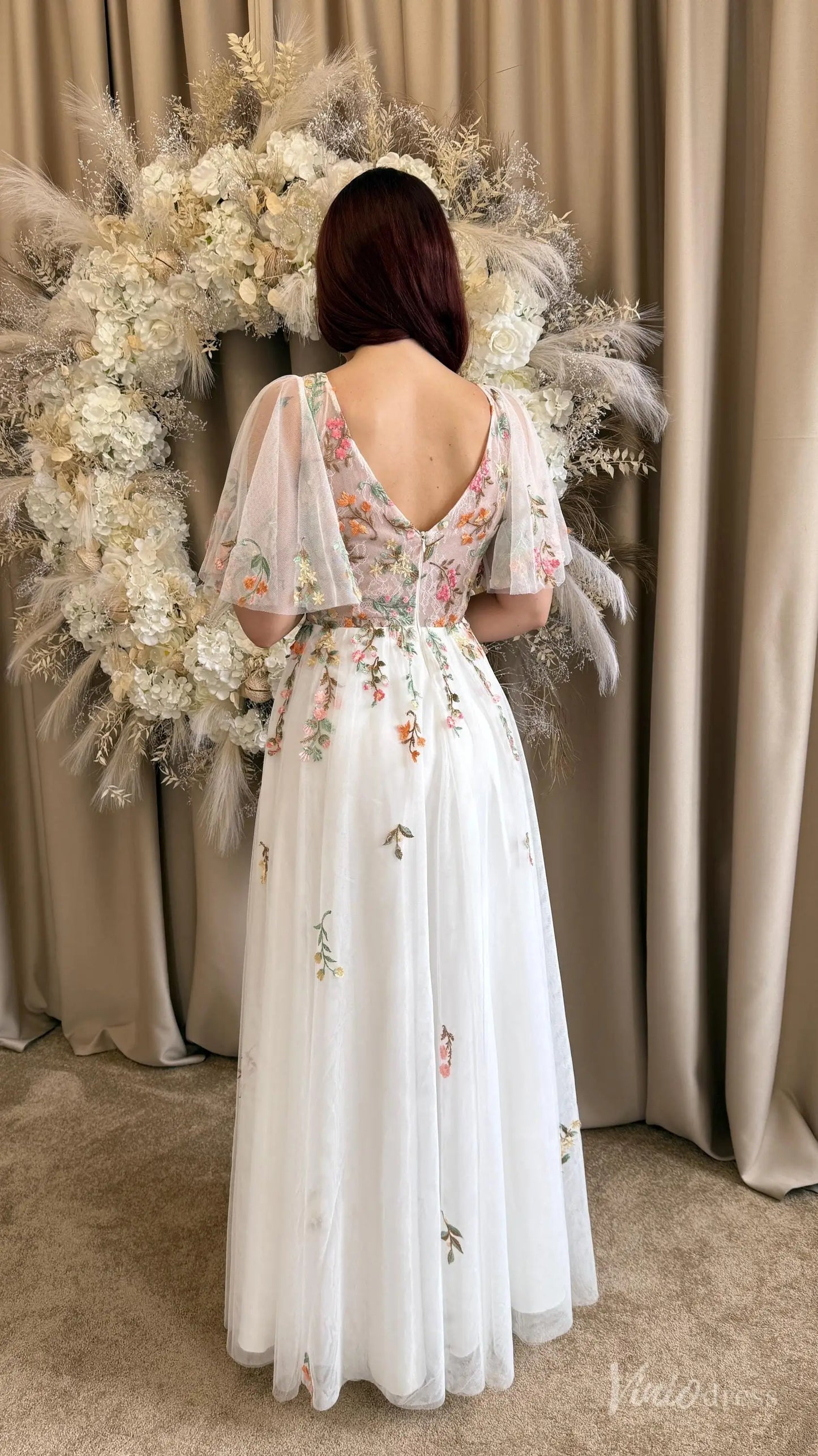 Floral Botanical Elopement Wedding Dresses Whimsical Angel Sleeve Bridal Gown FW212-wedding dresses 2025 -Viniodress-Ivory-Custom Size-