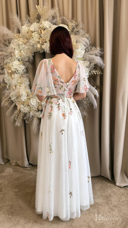 Floral Botanical Elopement Wedding Dresses Whimsical Angel Sleeve Bridal Gown FW212-wedding dresses 2025 -Viniodress-Ivory-Custom Size-