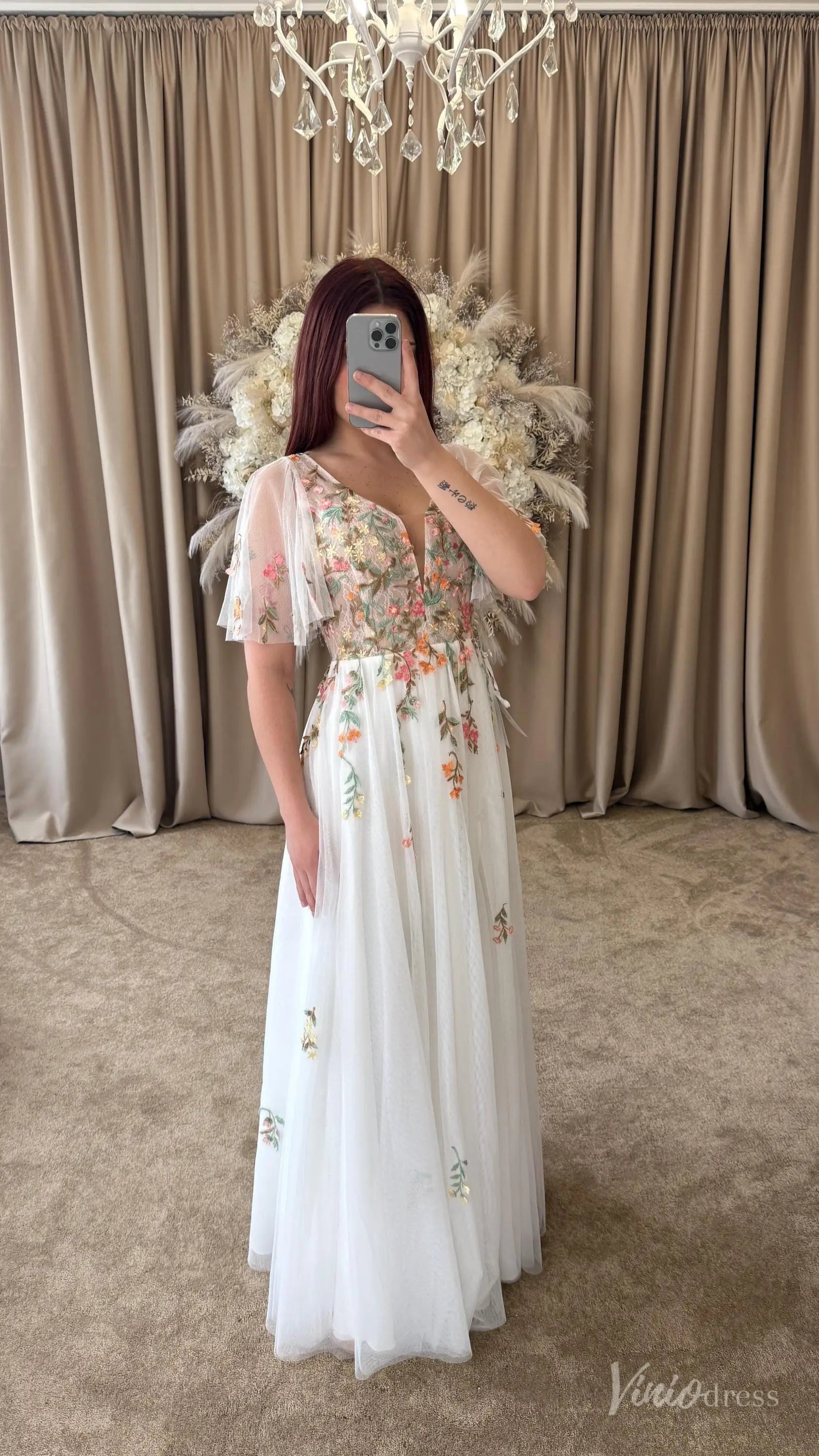 Floral Botanical Elopement Wedding Dresses Whimsical Angel Sleeve Bridal Gown FW212-wedding dresses 2025 -Viniodress-Ivory-Custom Size-