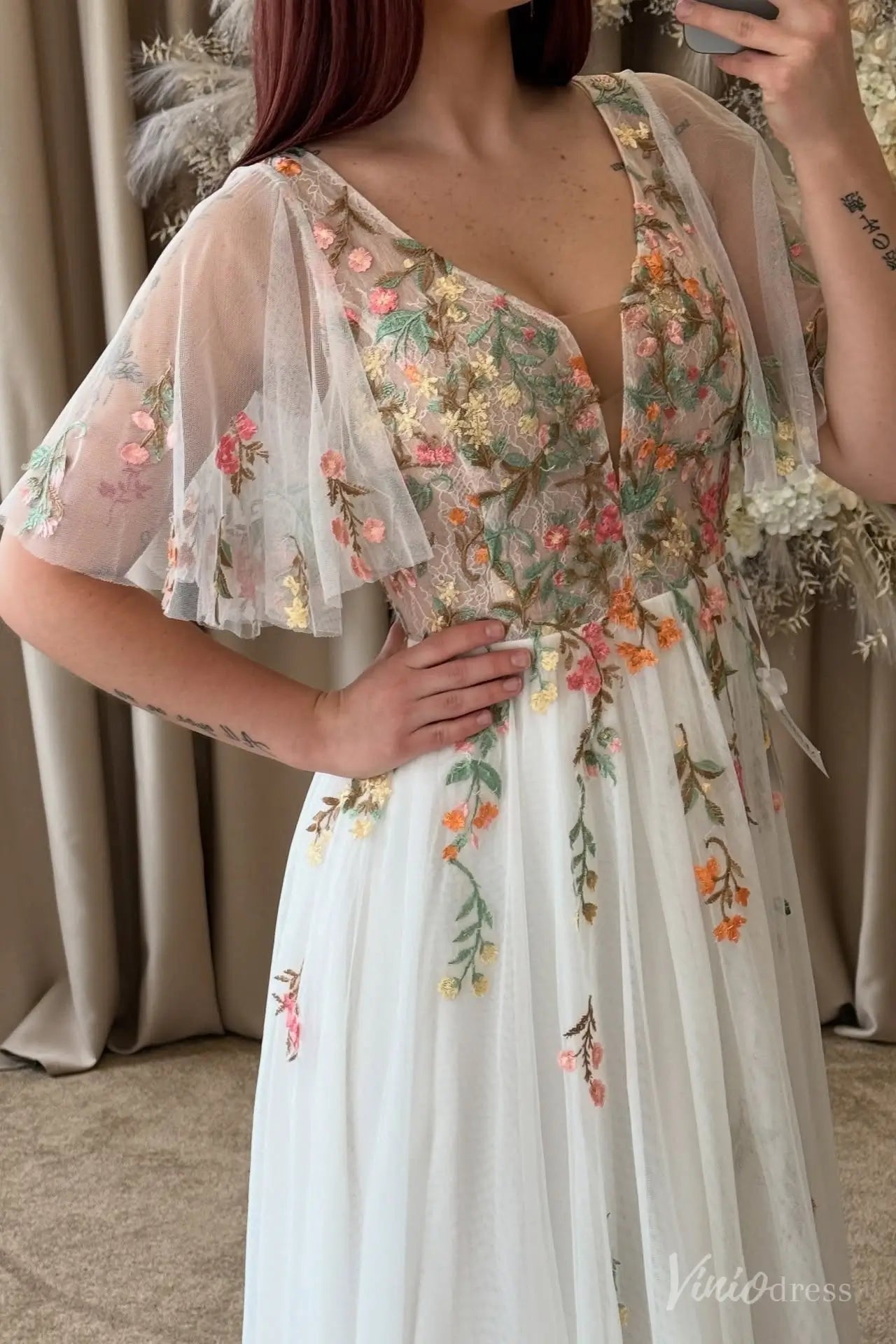 Floral Botanical Elopement Wedding Dresses Whimsical Angel Sleeve Bridal Gown FW212-wedding dresses 2025 -Viniodress-Ivory-Custom Size-