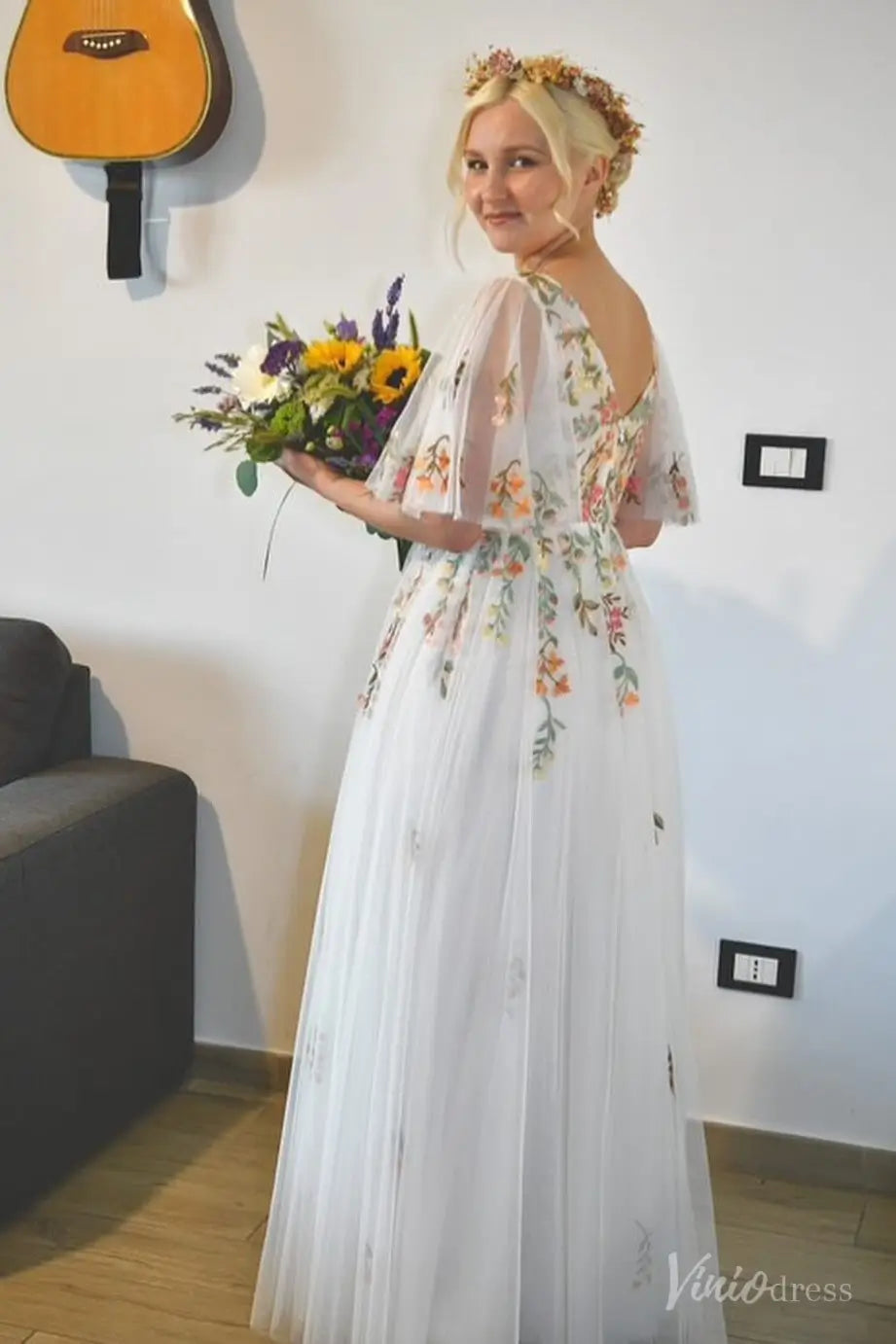 Floral Botanical Elopement Wedding Dresses Whimsical Angel Sleeve Bridal Gown FW212-wedding dresses 2025 -Viniodress-Ivory-Custom Size-