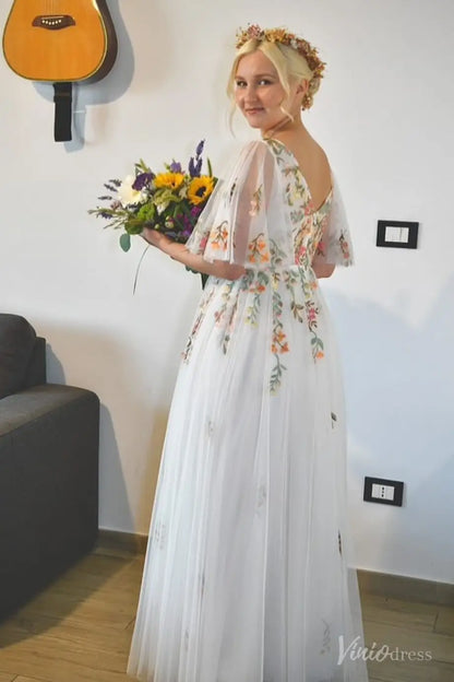 Floral Botanical Elopement Wedding Dresses Whimsical Angel Sleeve Bridal Gown FW212-wedding dresses 2025 -Viniodress-Ivory-Custom Size-