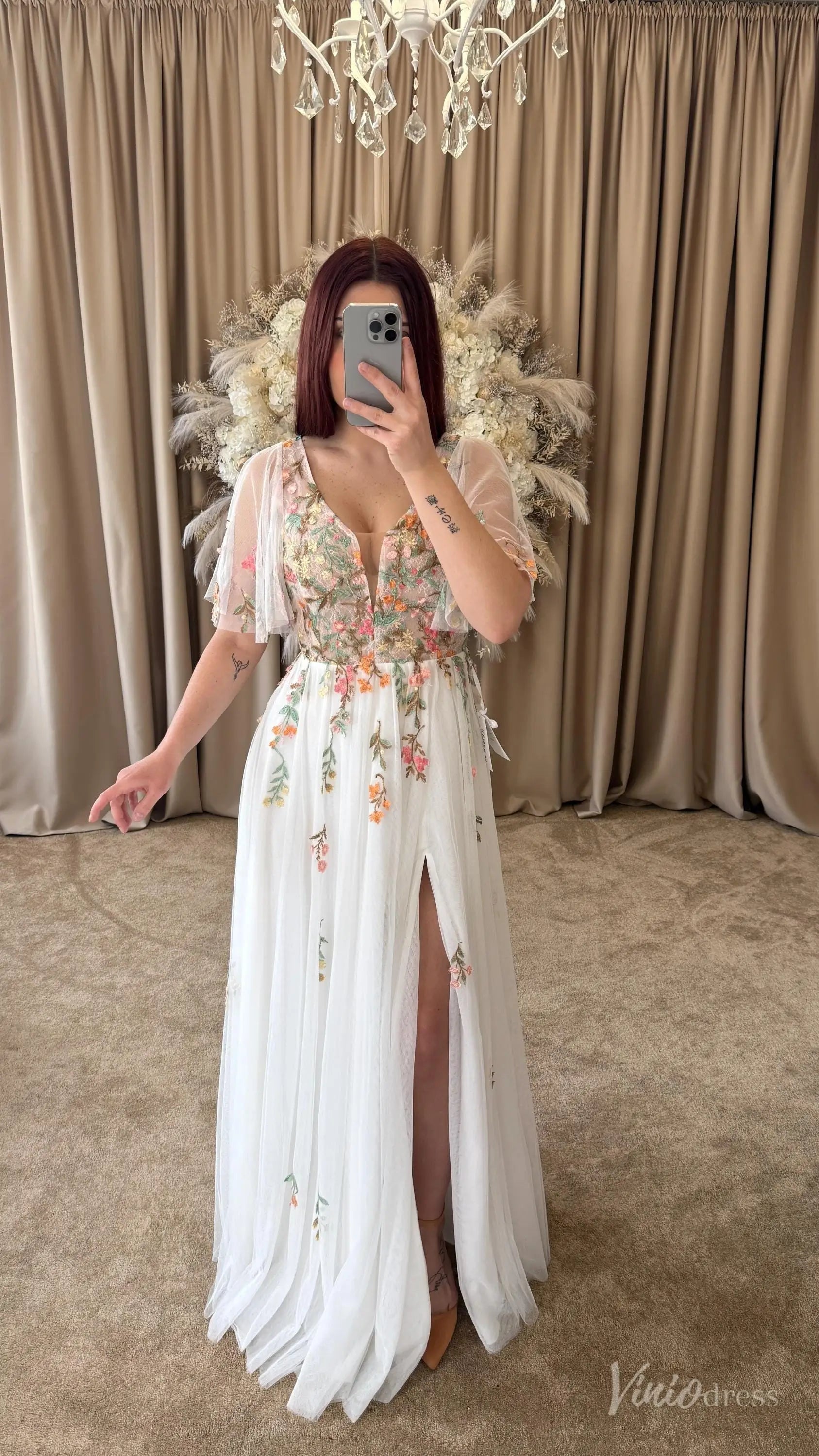 Floral Botanical Elopement Wedding Dresses Whimsical Angel Sleeve Bridal Gown FW212-wedding dresses 2025 -Viniodress-Ivory-Custom Size-