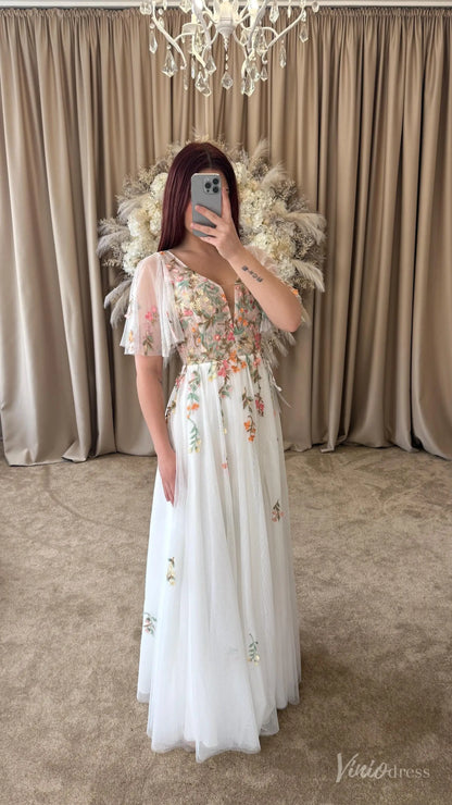 Floral Botanical Elopement Wedding Dresses Whimsical Angel Sleeve Bridal Gown FW212-wedding dresses 2025 -Viniodress-Ivory-Custom Size-