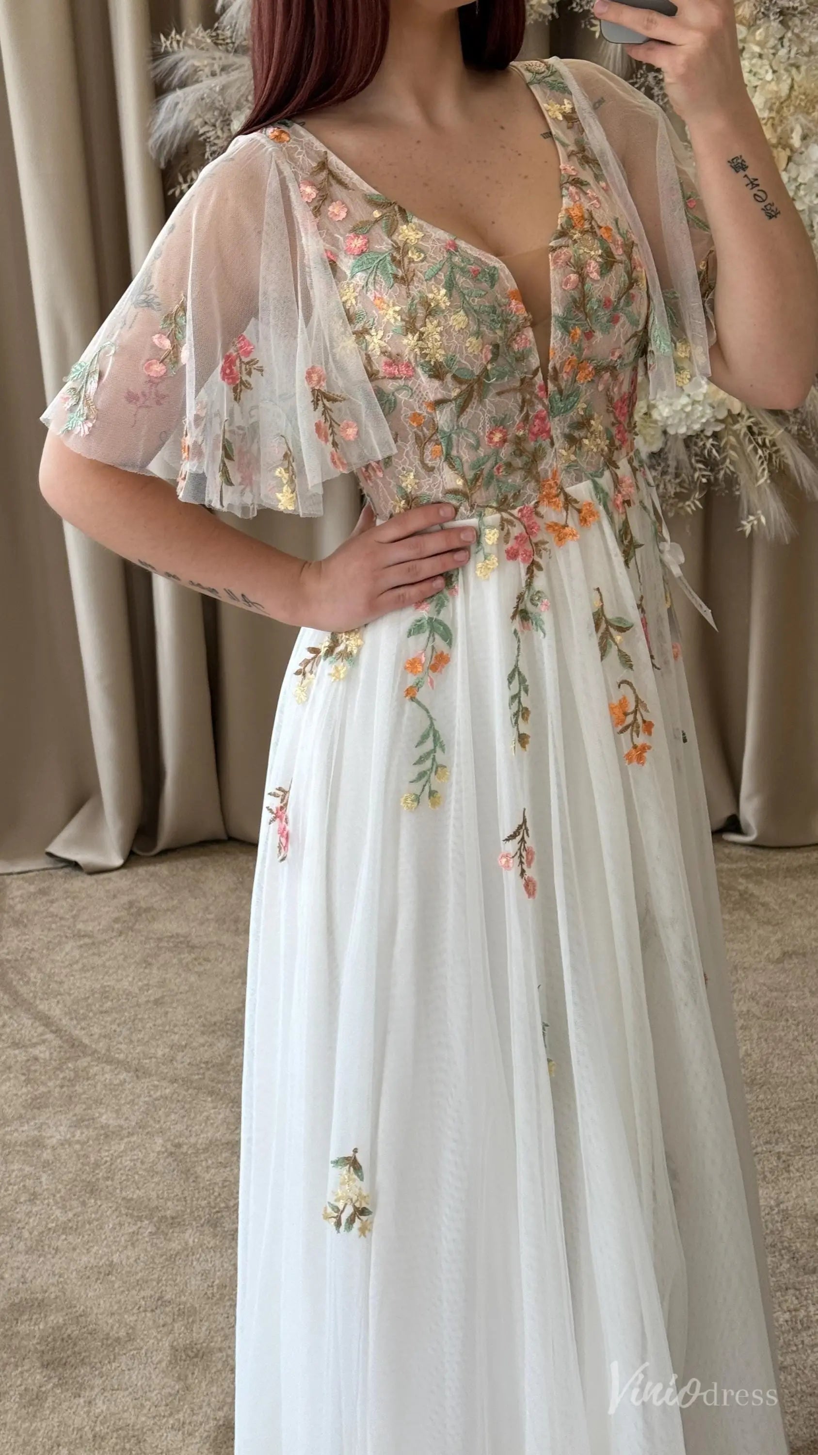 Floral Botanical Elopement Wedding Dresses Whimsical Angel Sleeve Bridal Gown FW212-wedding dresses 2025 -Viniodress-Ivory-Custom Size-