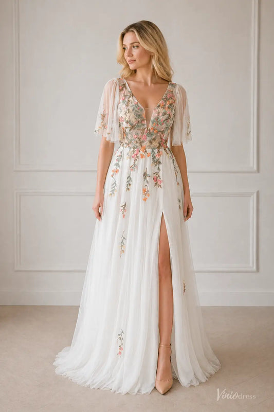 Floral Botanical Elopement Wedding Dresses Whimsical Angel Sleeve Bridal Gown FW212-wedding dresses 2026-Viniodress-Ivory-Custom Size – Add Measurements in Cart-