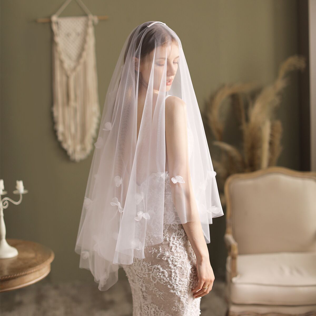 Floral Bridal Veil with Blusher Hip Length Veil-Accessories 2025 -Viniodress-Ivory-