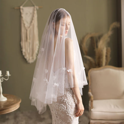 Floral Bridal Veil with Blusher Hip Length Veil-Accessories 2025 -Viniodress-Ivory-