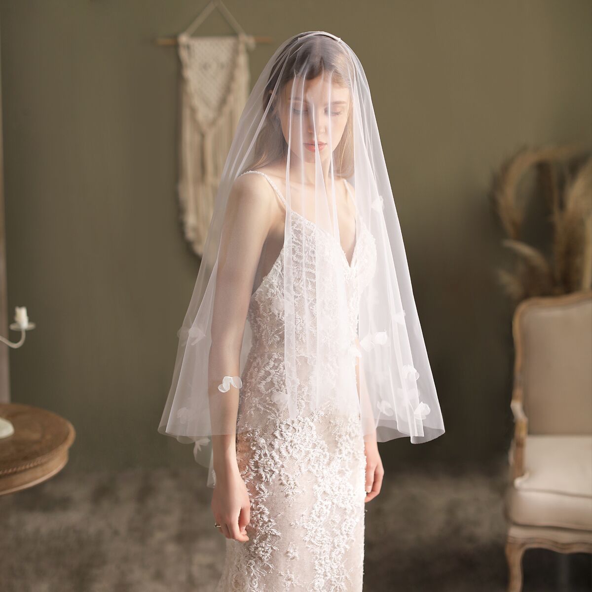 Floral Bridal Veil with Blusher Hip Length Veil-Accessories 2025 -Viniodress-Ivory-