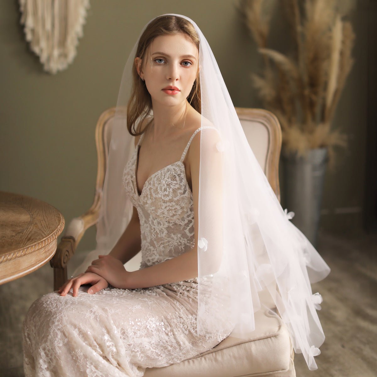 Floral Bridal Veil with Blusher Hip Length Veil-Accessories 2025 -Viniodress-Ivory-