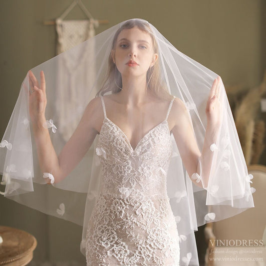 Floral Bridal Veil with Blusher Hip Length Veil-Accessories 2025 -Viniodress-Ivory-
