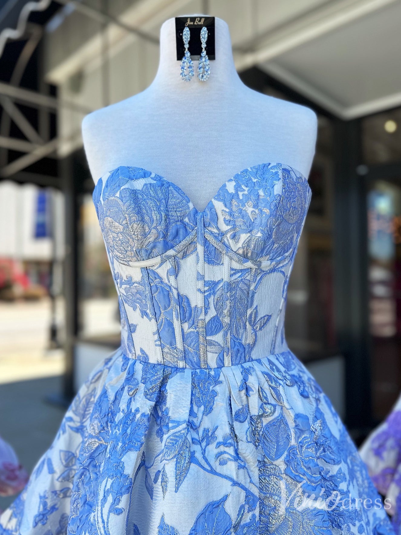 Floral Brocade Strapless Corset Homecoming Dress with Ruffle Hem – Style SD1708-prom dresses 2025 -Viniodress-Blue-Custom Size-