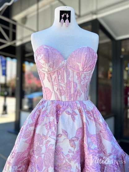 Floral Brocade Strapless Corset Homecoming Dress with Ruffle Hem – Style SD1708-prom dresses 2025 -Viniodress-Pink-Custom Size-
