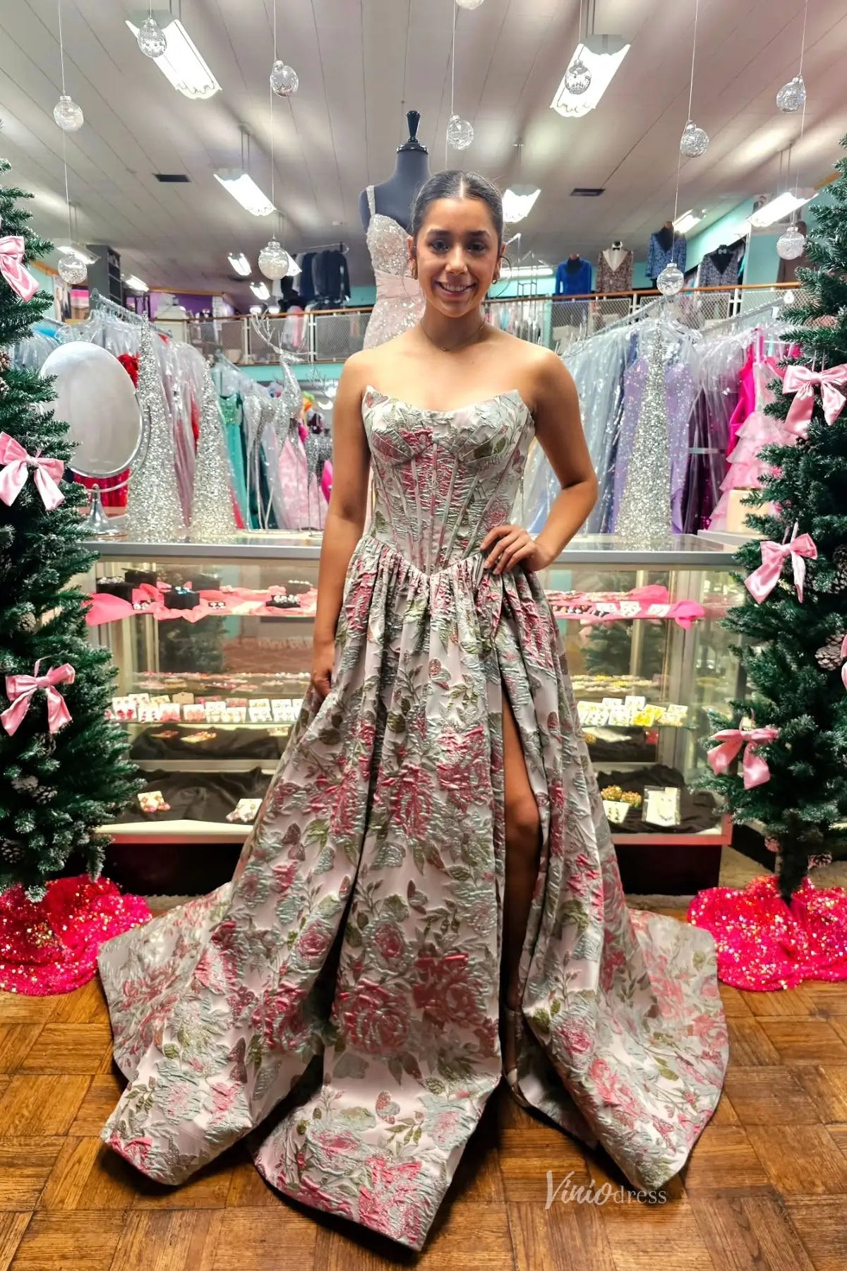 JC011 Soft Grey Floral Jacquard-prom dresses 2026-Viniodress-Grey-Custom Size-