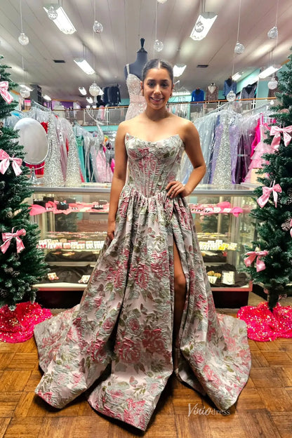 JC011 Soft Grey Floral Jacquard-prom dresses 2026-Viniodress-Grey-Custom Size-