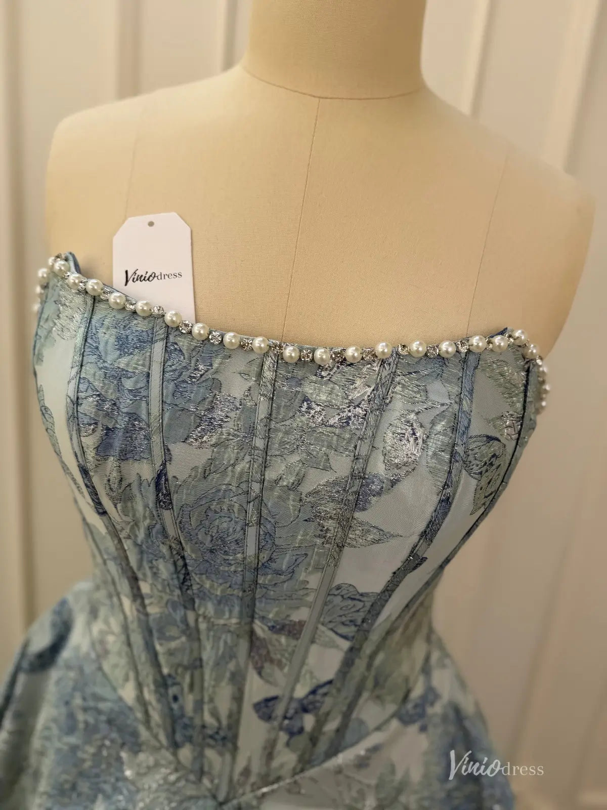 Floral Jacquard Prom Dresses with Strapless Corset Bodice JC015-prom dresses 2026-Viniodress-Dusty Blue-Custom Size – Add Measurements in Cart-
