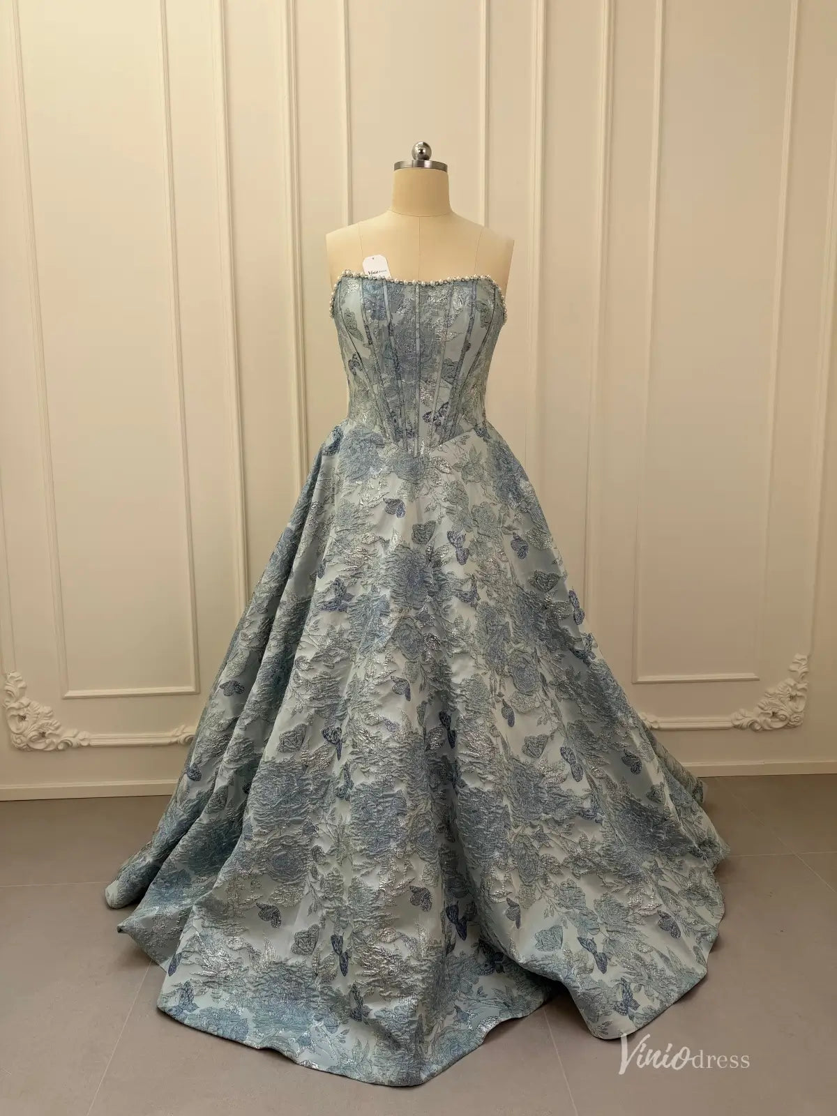 Floral Jacquard Prom Dresses with Strapless Corset Bodice JC015-prom dresses 2026-Viniodress-Dusty Blue-Custom Size – Add Measurements in Cart-