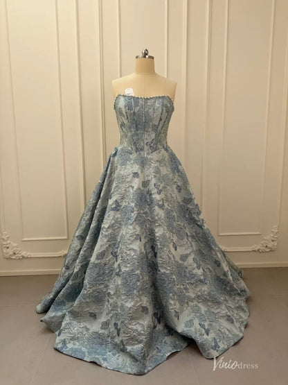 Floral Jacquard Prom Dresses with Strapless Corset Bodice JC015-prom dresses 2026-Viniodress-Dusty Blue-Custom Size – Add Measurements in Cart-